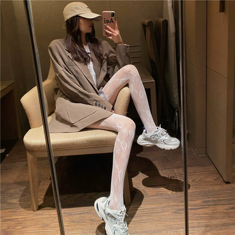 lace retro tights women, lolita style, white base — autumn one size floral pattern