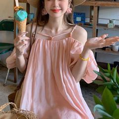 少女感春夏優しい風一字襟露肩半袖二着ワンピーススカート2025旅行着ピンク