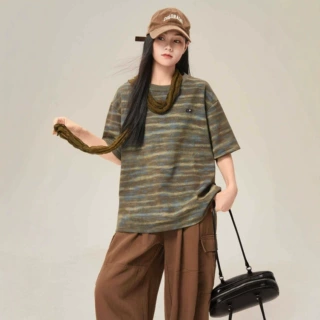 秋季新款韩版休闲时尚简约条纹宽松大码短袖T恤半袖带围巾女3545