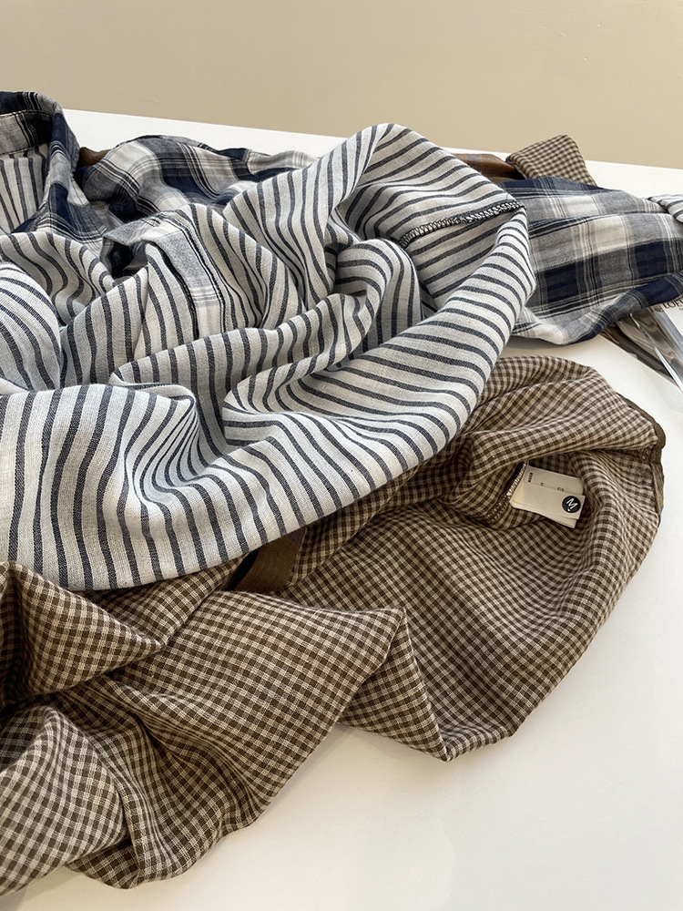 Áo sơ mi nữ dài tay vải gạc cotton hai lớp họa tiết kẻ sọc cổ điển dáng rộng — Kẻ sọc xanh (Bộ sưu tập mùa hè) chi tiết 12