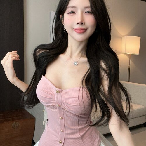 Women's Off-the-Shoulder Camisole with Bra Cup, Western Style, Fishbone Lace Top for Spring and Summer, 2025