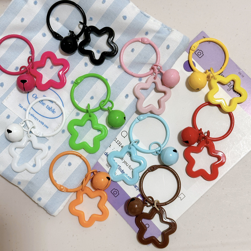 Colorful pentagram bell keychain pendant alloy ring DIY beaded hanging buckle material accessories wholesale