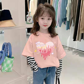 G2315#女童长袖t恤春秋季新款中大童纯棉假两件上衣可爱儿童秋装