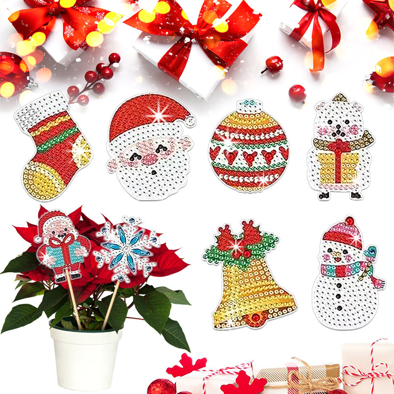 Estacas decorativas para macetas con diseño de flores para decoración de plantas en el hogar y escritorio, fabricante de estacas de jardín hechas a mano con pegatinas de diamantes DIY.