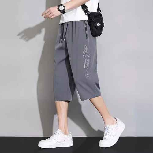 Men's Summer Thin Ice Silk 7/8 Length Pants, Knee-Length Mid-Crotch Casual Sporty Streetwear Short Pants Fashion and Leisure