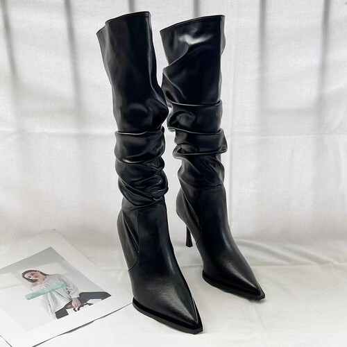 Women's Autumn Trendy Pointed Toe Pouch Heels Over-the-Knee Boot with Fine Heels