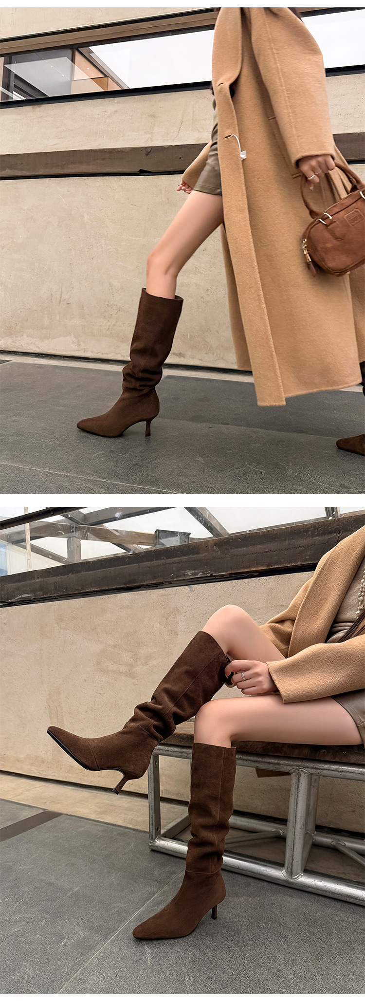 Boot nữ cổ cao mũi nhọn gót nhọn ống rộng chất liệu da lộn cao gót — Lót lông nâu, Lót đơn xám, Lót lông xám, Bảng màu nâu chi tiết 5