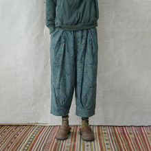 原创文艺复古数码印花棉麻双层宽松休闲裤民族显瘦吊裆裤 K21282