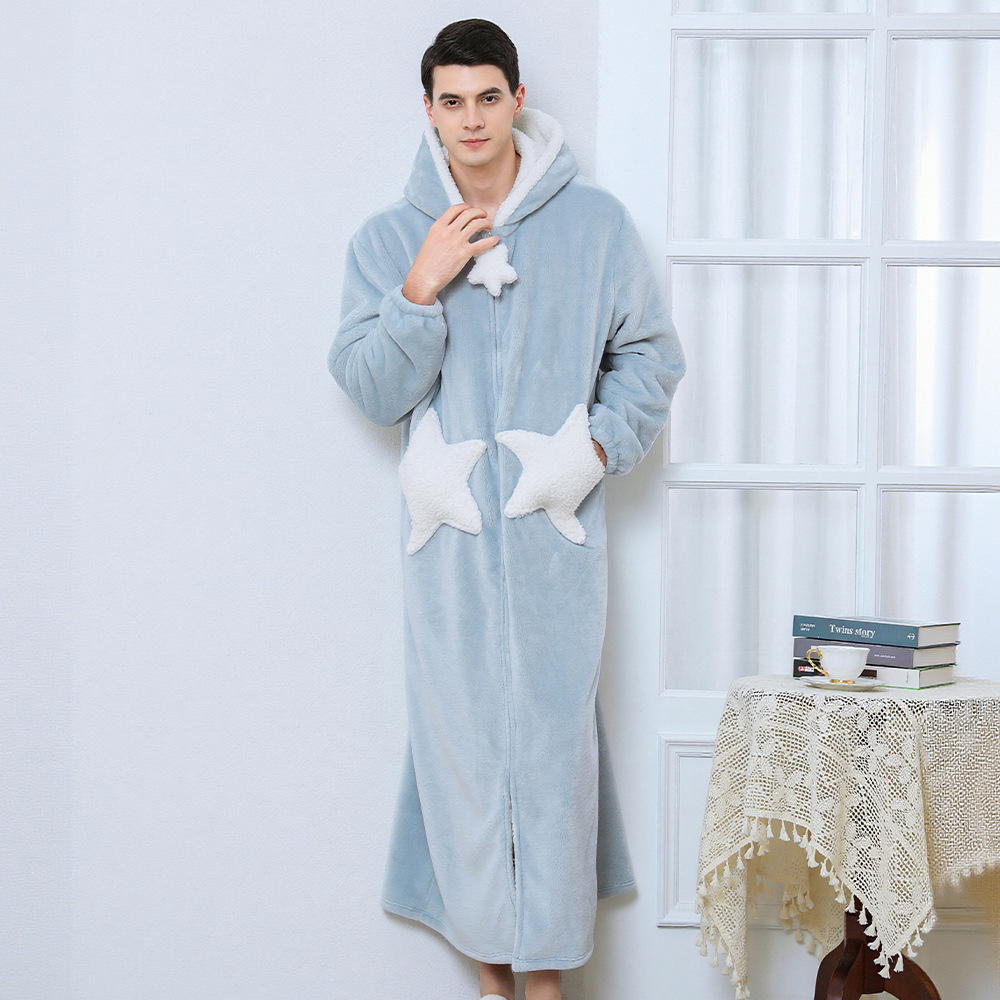 Camisón para parejas de talla grande, camisón con estampado de estrellas, ropa de dormir de forro polar coral grueso, estilo largo de franela para otoño e invierno, venta al por mayor transfronteriza. image 11