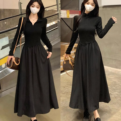 大きいサイズの婦人服の韓国版の太っているMMは身を修めてやせている純色のワンピースの春秋の新型の英倫風の年齢を減らして長いスカートをつなぎます。