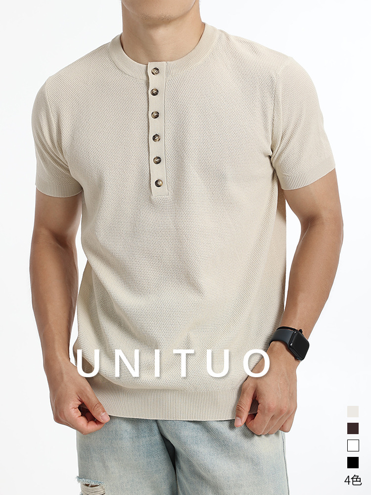 Verano nuevo estilo de hombre Henry collar waffle textura de hielo camiseta de punto de manga corta ligera de negocios de alta calidad ropa de hombre