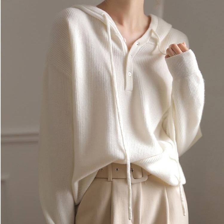 White Hooded Knit Sweater for Women, 2026 Autumn and Winter New Style, Lazy and Chic Style Top, Thin Collar Sweatshirt Sweater