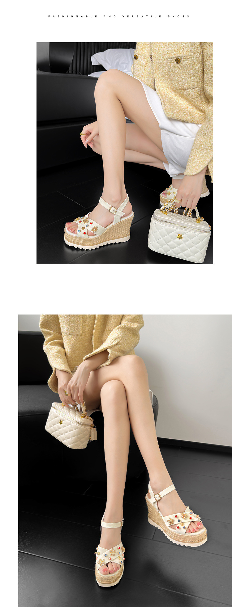 Sandal cao gót nữ đế xuồng đan rơm, mũi hở quai chéo đính hoa — Champagne màu, màu trắng ngà chi tiết 5