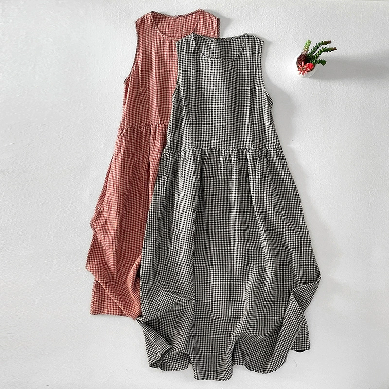 Реальная стрельба 2025 новый летний новый хлопок и льна большого размера в клетку без рукавов юбка без рукавов свободное повседневное платье