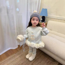 女童加绒雪人卫衣套装2025儿童秋冬衣服新款洋气女宝宝条纹打底裤
