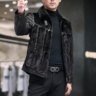 New Haining Genuine Leather Men's Winter Mink Top Layer Goat Leather Goose Down Suit Leather Business Casual Lapel Jacket