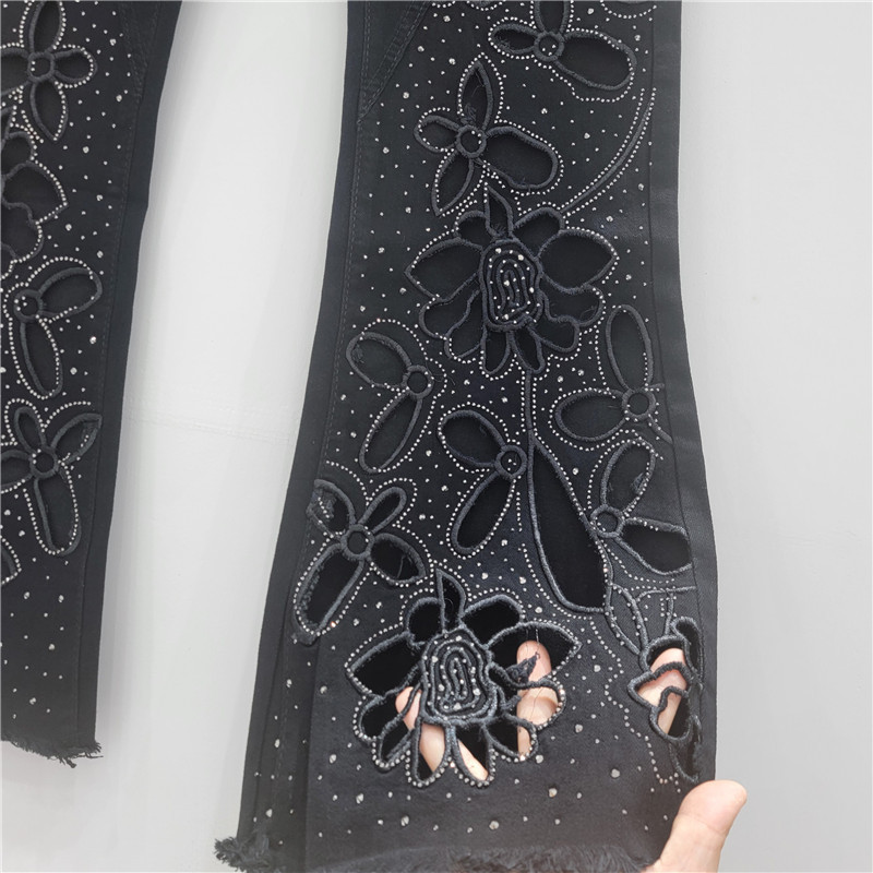 夏用女性用ヘビーデューティーホットダイヤモンド中空刺繍マイクロフレアジーンズ、薄い、大きいサイズ、太いmm、小柄な9点フレアパンツ|undefined