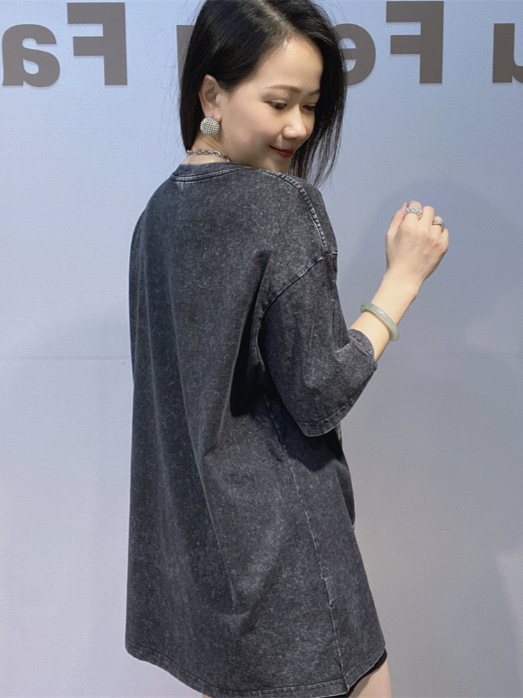 Europa y los Estados Unidos ropa de mujer grande atado teñido caliente diamante cuello redondo camiseta de mangas cortas para hombres y mujeres el mismo algodón de verano chaqueta de diamante image 4