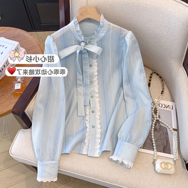 Bargain Find: Cut-Label High-End Women's Striped Tie-Bow Shirt, New Autumn Style with Lace, Unique and Distinctive Top Bargain Find: Cut-Label High-End Women's Striped Tie-Bow Shirt, New Autumn Style with Lace, Unique and Distinctive Top