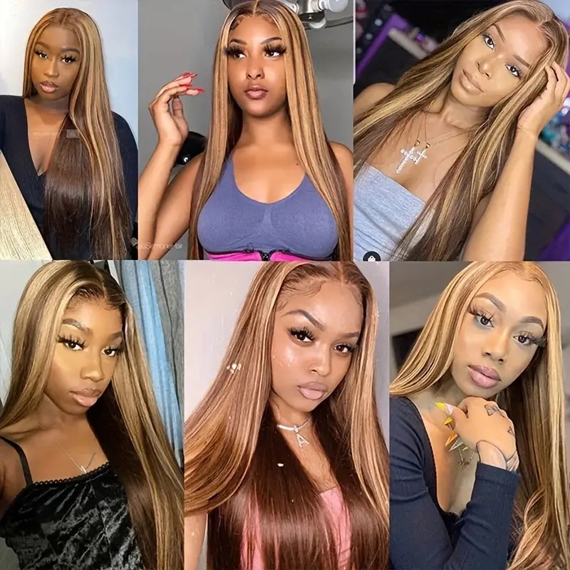 European American Style Piano Colored Wig Center Parted Long Straight Synthetic Full Head Cover Average Size Body Wave Wig_voghion.com