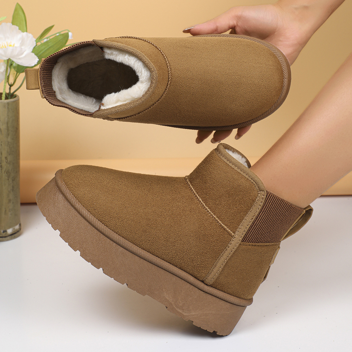 New women's snow boots with fleece thick sole warm snow cotton shoes brown black with wool inside_voghion.com