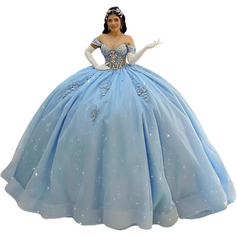 European and American off-shoulder light blue large skirt trailing color wedding dress evening dress bar mitzvah ball princess dress colored yarn