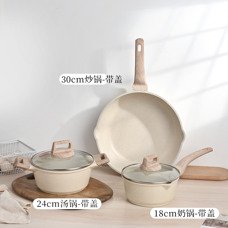 Juego de utensilios de cocina transfronterizo, juego doméstico de cuatro piezas, juego de utensilios de cocina de piedra de mármol, alto valor estético, integrado para cocinar al vapor y saltear, sartén antiadherente al por mayor