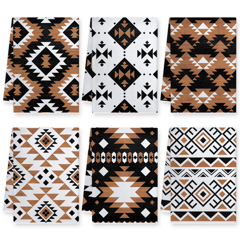 Cross-Border Exclusive Supply of Geometric Ethnic Print Towels, Kitchen Fabric Supplies, Microfiber Coffee-Colored Dish Towels