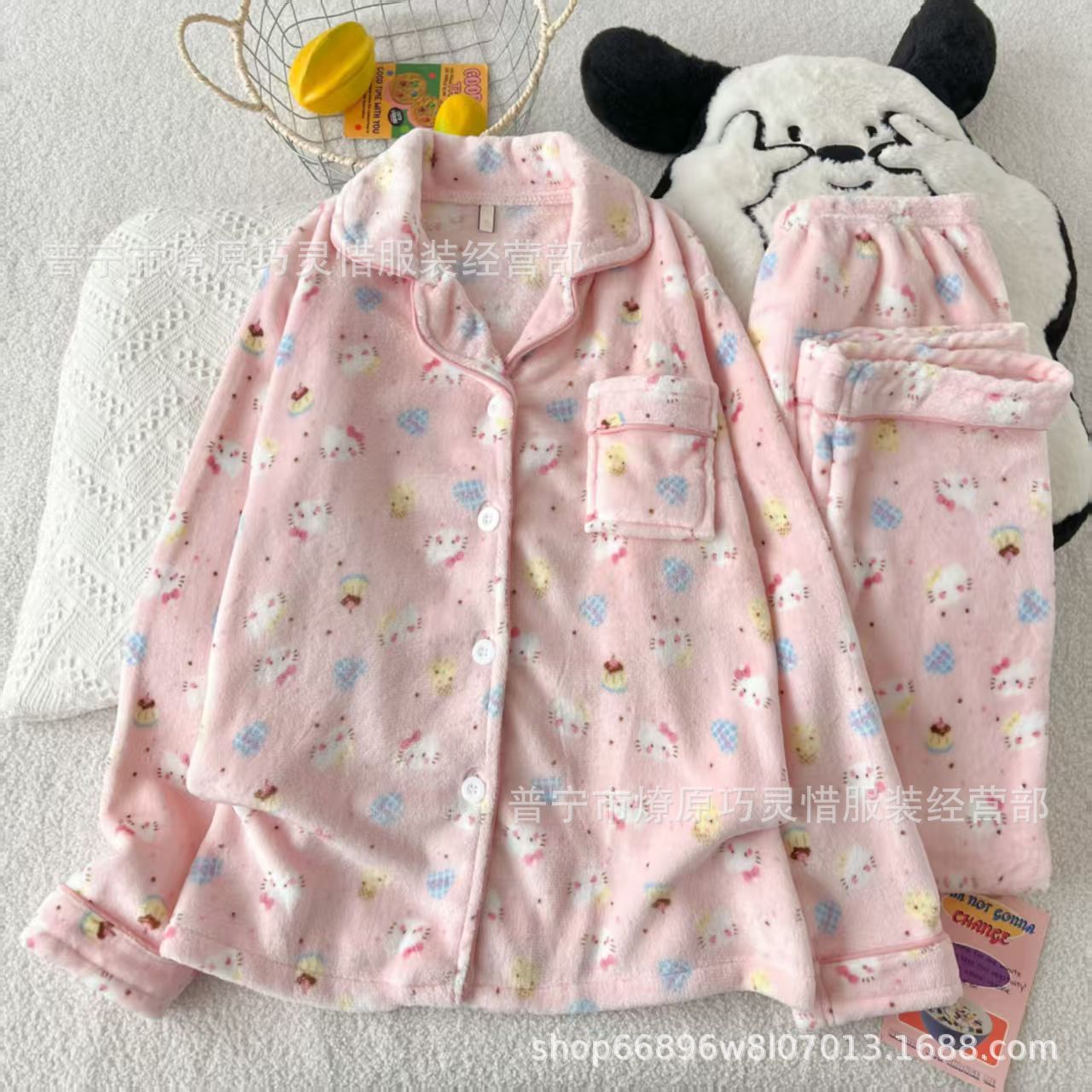 Franela otoño y invierno nueva linda niña caliente y gruesa dulce kitty gato suelto conjunto de pijamas se puede usar fuera