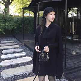 高级感千金风黑色毛呢外套女秋冬新款宽松显瘦中长款斗篷披肩外套