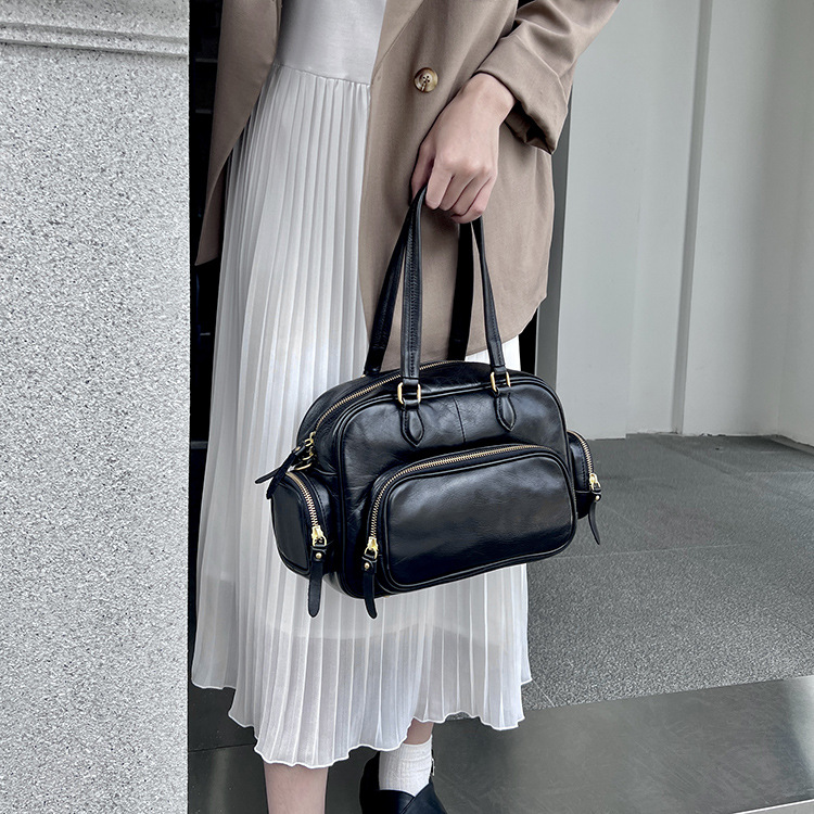 New Style Genuine Leather Simple High-class Shoulder Large Capacity Crossbody Women's Bag Multi-pocket Bikeway Bag College Style Boston Bag