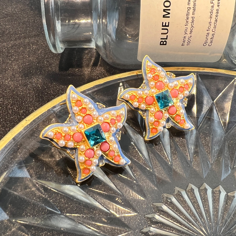 1 Piece Ig Style Starfish Plating Inlay Copper Pearl Zircon Gold Plated Ear Studs display picture 4
