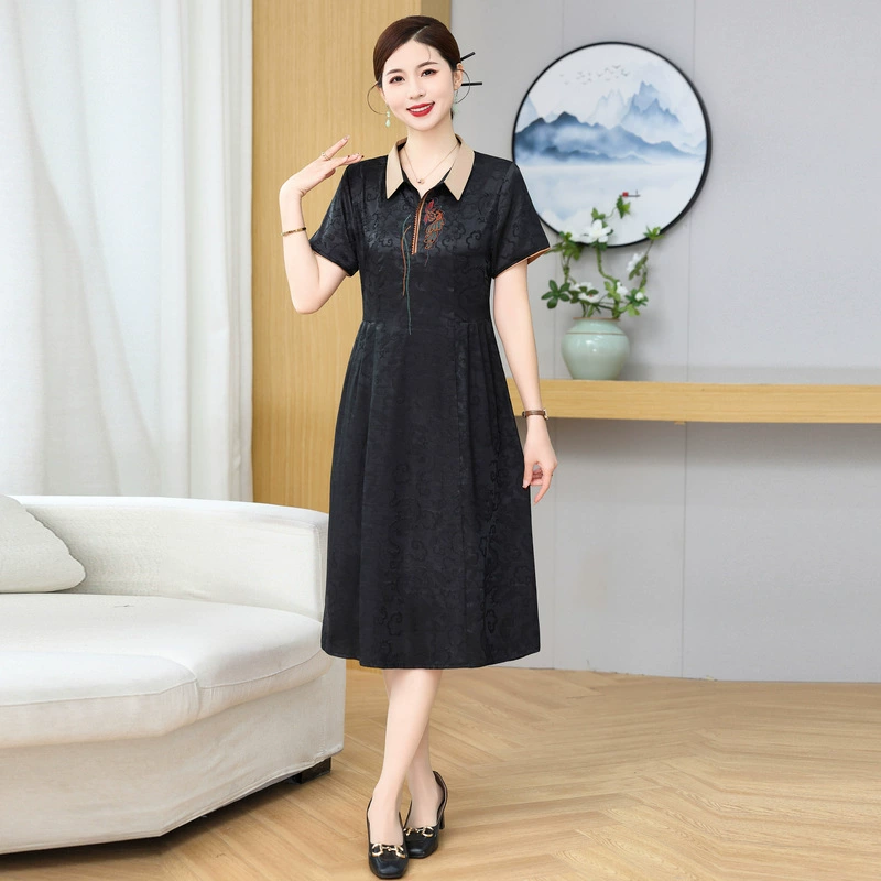 Летнее платье для мамы, стильное платье с лацканами, свободная летняя элегантная модная юбка для женщин среднего и пожилого возраста с короткими рукавами, закрывающая живот.