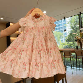 女童连衣裙夏季2025新款洋气甜美碎花小飞袖小女孩公主蛋糕裙111