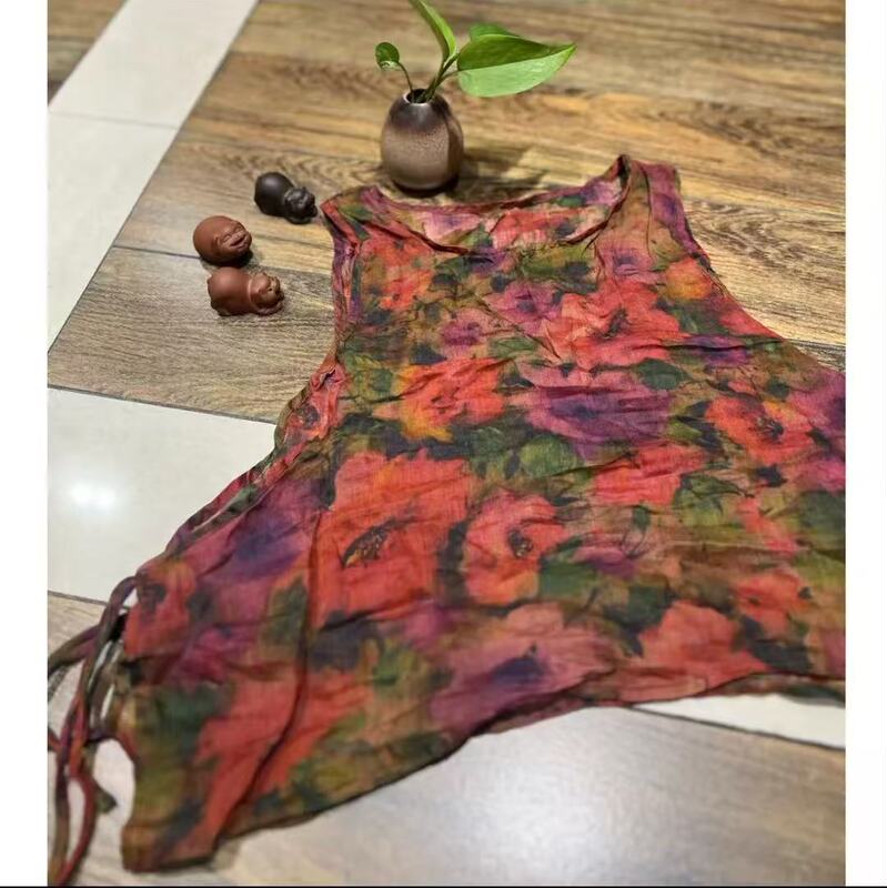2025 Summer Korean Style Loose Retro Style Ramie Printed Round Neck Side Button Vest Versatile Sleeveless Top for Women