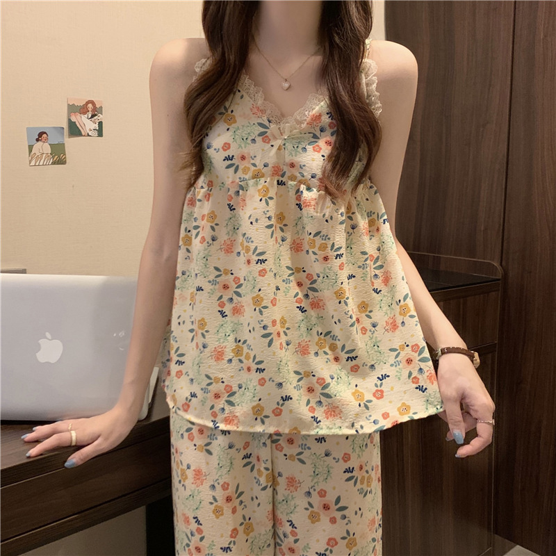 Algodón artificial con almohadilla en el pecho pijamas pantalones de tirantes de mujer ropa de casa de dos piezas se puede usar fuera estilo coreano ins Wind Net Red transmisión en vivo