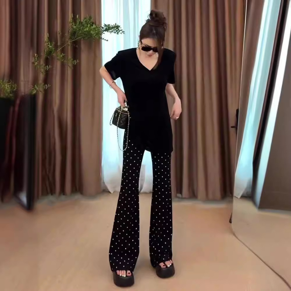 Fashionable Women's Summer 2026 New Style Mid-Length Loose-fitting Slit T-shirt with Straight-leg Flare Pants High-waisted Two-Piece Set