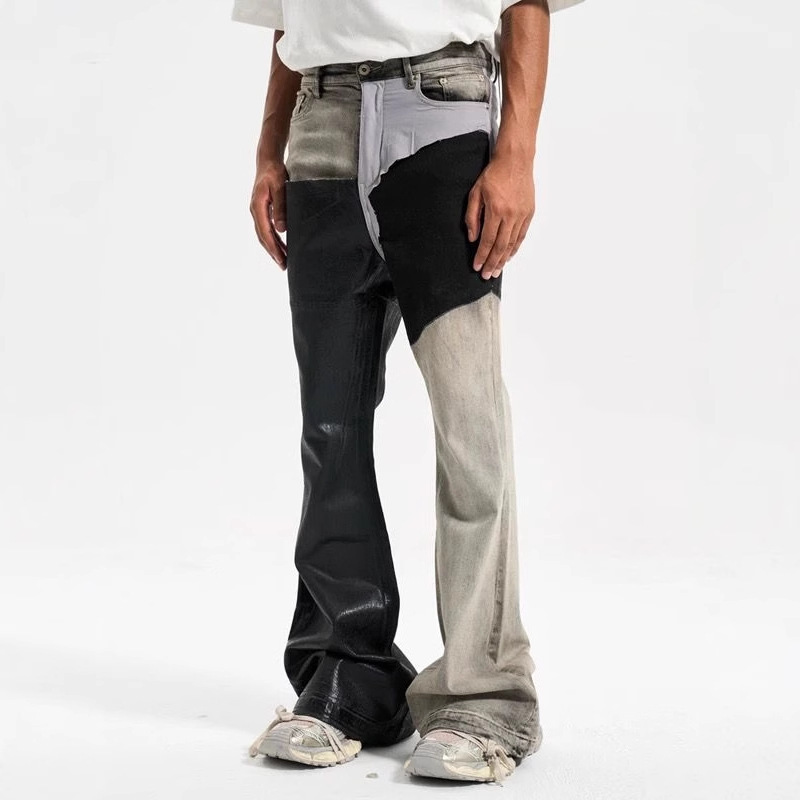 Blue Washed Denim Jeans for Men, American High Street Vibe, High-Waisted Pants, Slim Fit, Flattering, Curved Hem, Slightly Flared, Slightly Stretchy, Comfortable