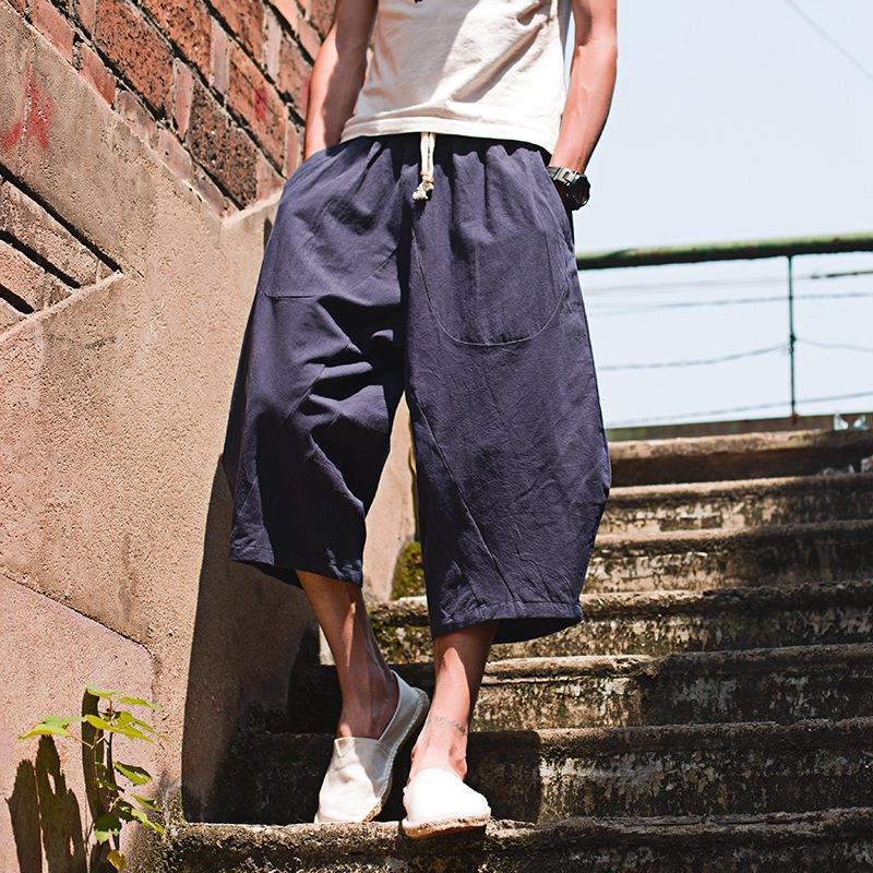 Pantalón ancho de elefante tailandés, bombachos, marca de moda para hombre, pantalones cortos de lino sueltos de gran tamaño, pantalones cortos, entrepierna grande, pantalones de playa, verano