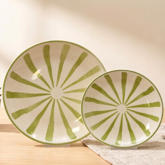 Nordic Style Ins-Style Creative Tableware, Radial Striped Ceramic Bowl and Plate Set, Dessert Shop Cafe Afternoon