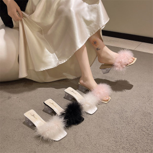 Fashion Furry Sandals for Women 2025 Spring and Summer New Open-Toe Square Toe Stiletto High Heels Internet Celebrity Half Slippers