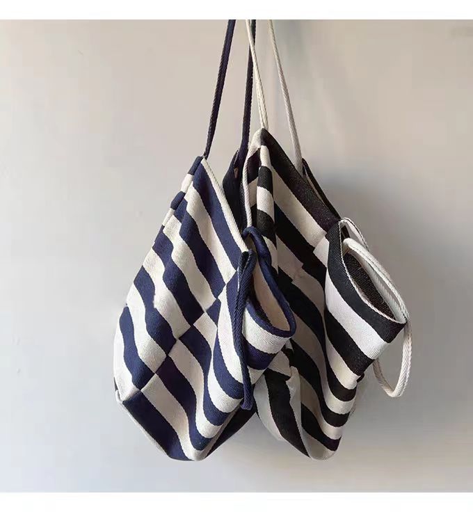 Contrast Stripe Canvas Tote Bag, Large Capacity Shoulder Bag_voghion.com