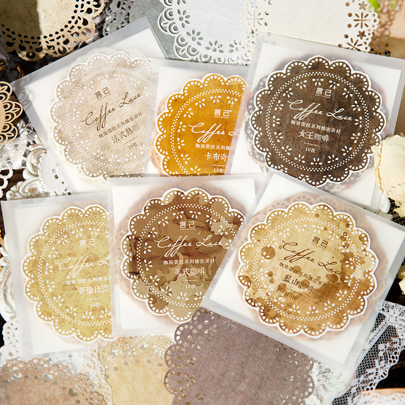Yanjikaka Lace Series Material Paper Vintage Hollow-Out Journal Decoration Material 10 Sheets Included 6 Designs to Choose from