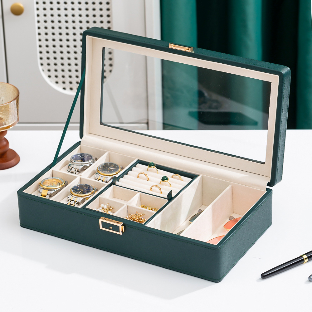 Caja de reloj de gama alta con patrón de lichi nuevo negro y verde 3 dígitos 6 dígitos 12 dígitos reloj de doble capa caja de almacenamiento de joyas