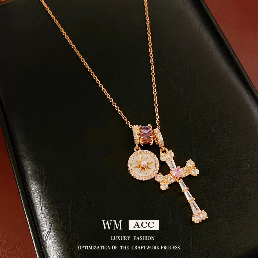 18k真金电镀锆石贝母十字架项链轻奢小众锁骨链气质百搭项饰批发