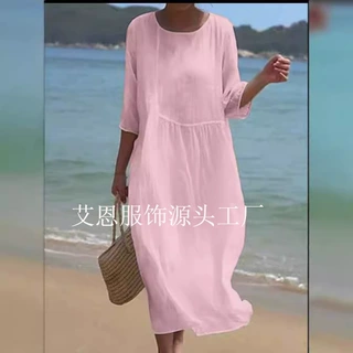 夏季跨境欧美女装圆领长款印花休闲时尚女士连衣裙女裙