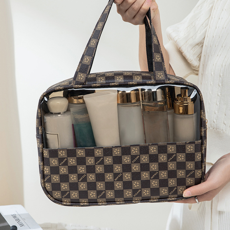 Transparent cosmetic bag, large-capacity swim bag, checkered PU travel organizer, patchwork design, wash bag with a premium, water-resistant finish