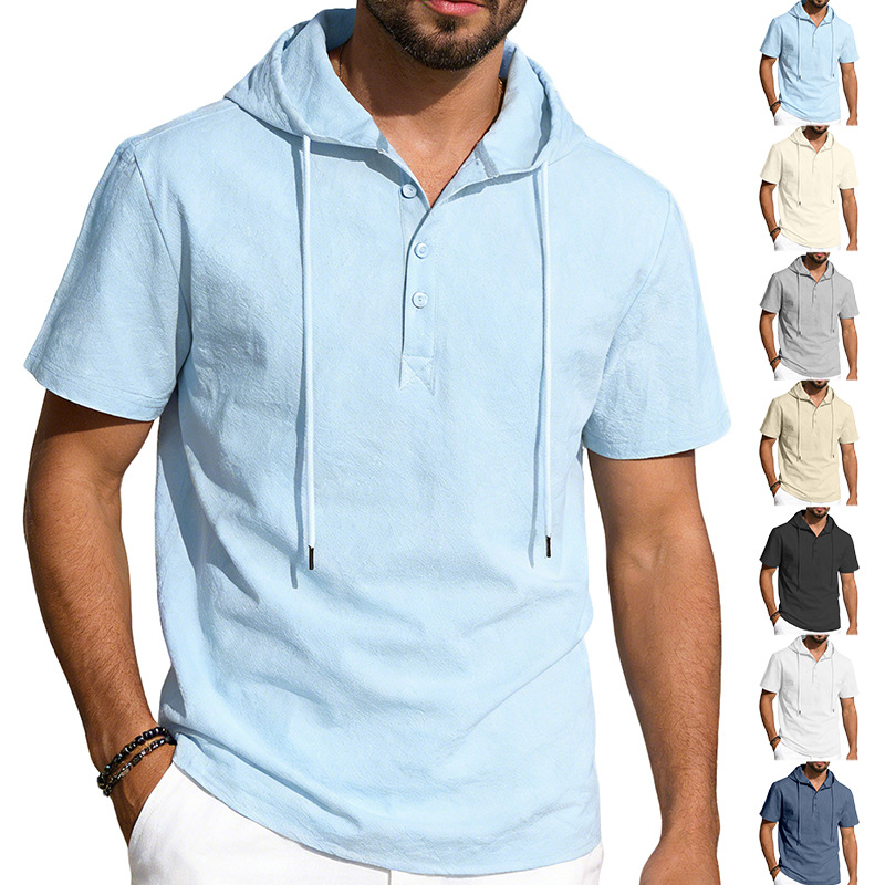 Monochrome Man - 26 Maglietta da uomo in lino, casual da spiaggia, con cappuccio, maniche corte, tinta unita._voghion.com