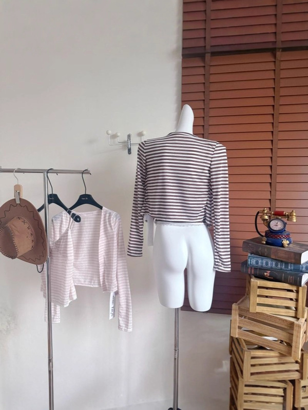 设计感甜美套装条纹长袖开衫外套女秋季内搭花边吊带衫背心两件套|undefined
