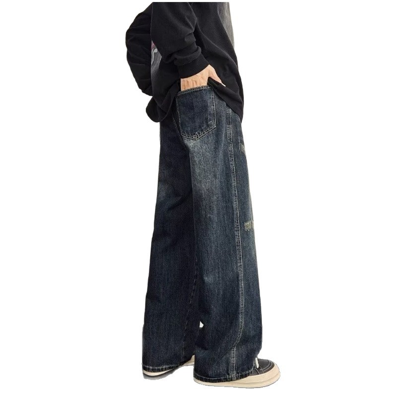 Men's Washed Vintage High Street Jeans Distressed Denim Loose Straight-Leg Fit Streetwear Style Blue S-3XL_mkmklike.com